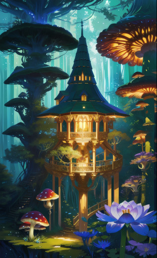 Dream Crystal Tree House?A glittering tree blooms in the center?Beautiful digital art in a magical fantasy forest?That magical tree in the magical fantasy forest?Dream Tree House?Colorful digital art in fantasy art style?Detailed and gorgeous digital 2D fantasy art?A tree house full of magic?Colorful concept art in digital 2D fantasy art?Fantastic atmosphere in a magical forest?Mushroom forest with glass goblet?s fractal art?morning glory?butterflys?lotuses?four-leaf clover?morning glory?Cyber Mushroom Forest?Ultra-detailed digital fantasy art?Mushrooms are everywhere in the picture?The unique mushroom shape creates a magical casa scene