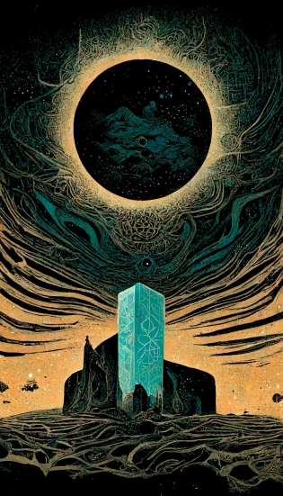 dark background with doom sky of dark energy, 2d retro woodblock sun radiating outwards in the sky above a strange rune etched monolith that has technological appendages sprawling out and connecting with layers of surreal geology, black fine lines on teal , stanley donwood, victo ngai --w 1024 --h 1792 --quality 2 --stylize 625