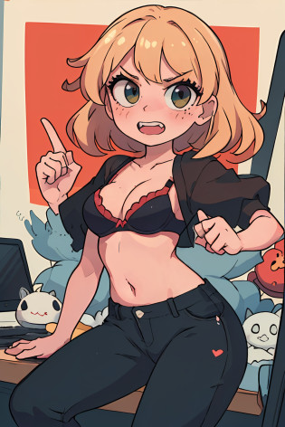 masterpiece, 4k, detailed, extreme detailed, hd, cowboy shot, blonde hair, freckles, long curly blonde hair, navel, navel shown, short, medium breasts, small cleavage, loli, child, young, stomach, legs exposed, thin waist, small frame, red, blushing, heavy blushing, pants, leggings, bra, black bra, red dotted bra, cute bra, young child loli kid, bucktooth, loli tooth, toothy grin, angry, scolding, 1 hand pointing finger, yelling, 1 hand pointing at viewer, one hand clenched