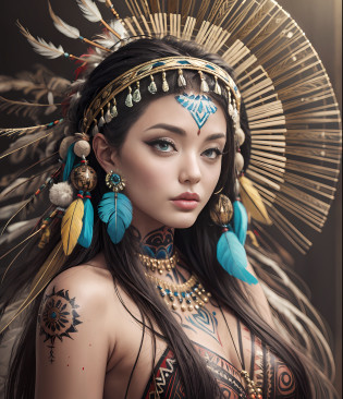 Vintage, Woman in a feather headdress with feathers on her head,(((painted face)))),Defocused , wearing crown of bright feathers, girl with feathers, beautiful young female shaman,painted face,Strobe, she is dressed in shaman clothes,eyeshadow, feathered headdress,(Vintage : 1,5),auto contrast, sternum tattoo, Defocused, graphy, ornate headdress, a young female shaman, Angelina Jolie UHD,  8k, headdress, : native american shamen fantasy, centered headdress,painted face,strobe,auroracore,Defocused,vintage