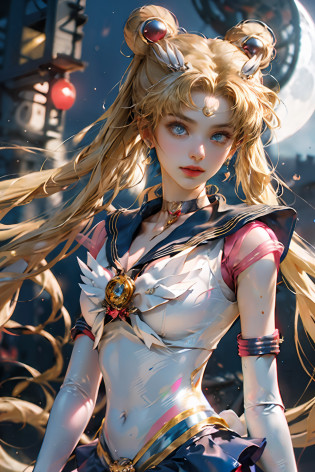 Masterpiece, full: 1.3, Stand, 8K, ?.3D, Realistic, Ultra-micro shooting, Top quality, Extreme detail CG Unity 8K, the wallpaper, From below, Intricate details, (1 female), 18 years old, (Sailor Moon Super Mariner Moon Mel 1, head gear, Sailor Chiseki subdues sailors: 1.2, Sailor Moon: 1.2), Incredibly long, bright two-tailed blonde, Thin and long, straight double-tailed blonde hair, hair-bun, Red round hair ornaments on a bun, Sailor senshi uniform, (Blue collar, Blue sailor collar, Blue gate front miniskirt: 1.3, The red bow on the chest is very large: 1.3, Long white latex gloves: 1.3, Wear red gloves on the elbows, There is a very large red bow at the back of the waist: 1.1, Looks big, Golden crown, Earrings), (Face details: 1.5, Bright blue eyes, Beautiful face, Beautiful eyes, Shiny eyes, Thin lips: 1.5, Thin, sharp pale eyebrows, long dark eyelashes, Double lashes), Luxury gold jewelry, Thin, Thin and muscular, Small face, Big breasts, Perfect proportions, Thin waist, sexy model pose, Visible pores, Seductive smile, Perfect hands: 1.5, high-leg swimsuit, Very slim?Fitted high-gloss white holographic leather, Octane rendering, Very dramatic image, Intense natural light, Sunlight, exquisite lighting and shadows, Dynamic Angle, Digital SLR, Sharp focus: 1.0, Maximum clarity and sharpness, (space backdrop, Moonlight, Moon, Dynamic background, Detailed background),(Osaghi, double bun hair, double tails, Parted bangs, circle of the crone, jewelry, Earrings, choker necklace, Red bow, White gloves, Elbow gloves, Blue skirt
)
