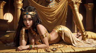 (((sfw))), panorama,
 (1women with Cheetah ), (solo), (single women), separately,    mature, adult, 30 years, egyptian, pharaoh,     ( beautiful egyptian queen Cleopatra (half-lying resting) on the gold sofa), Lying on the half-side half back,          ( a detailed Cheetah laying next to her :1.3),   BREAK  \n    
  sphinx, detailed nice face,   (busty), ( large hanging breasts),  covered nippleslips, open beautiful tummy,open shoulders, wide hips, [[ detailed knees and foot ]], [[detailed uncovered straight legs]],     mulatto, dark skinned,detailed dark short hair,          
   golden silk bra, golden silk thong, [ chests-strap,loincloth aside ],  [gold armor],       egyptian face makeup, Egyptian striped head scarf, slim gold body chains, [[ half-closed eyes ]], long eyelashes, languishing look,       
   full body view, resting pose, proud and majestic, staged cosplay photo,        epic historical shoot, ancient shoot,  a shoot from ancient Egypt,  
   brimming with gold, precious gems, and magnificent drapery, gold jewelry, bracelets, beauty,         
   detailed face, detailed pupils, detailed iris of eyes, detailed color contact lenses, best combination of 5fingers,perfect detailed body, correct humanoid anatomy,         best quality, masterpiece, small detailed, high-resolution, intricate details,