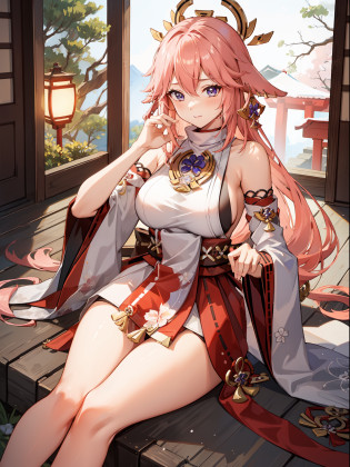 yaemikodef, yae miko smiles coquettishly in a japanese shrine, large breast, moonlit night, goofy face