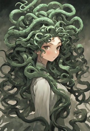 1 woman, Medusa, Fierce, Snakes as hair, Young Lady as Medusa, portrait of medusa, Wax figure of Medusa, Portrait of young Medusa, dark portrait of medusa, Medusa, Hair made of snakes, very sad medusa, medusa head, medusa portrait painting, medusa made of soft wax, Snake in hair.