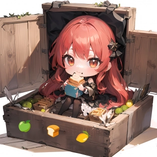 (masterpiece), (((high quality, best quality:1. 3))), (best illustration), (emoji sticker:1. 2), (((chibi:1. 4))), GIRL, fantasy, colorful, vivid, girl focus, cute, lovely, kawaii, conceptual art, character portrait, white background, (((a wooden box with a girl inside of it with a lot of foods in it:1. 4))), solo, big wooden box, a lot of foods, sandwich, tarot, jam, bread, eating foods, inside of box