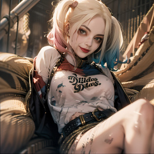 Harley Quinn from Suicide Squad 2016,1Menina , Peitos grandes, bunda grande, vestido de corpo inteiro, peituda, corpo magro, short hair, Olhos Sexy, vista de frente, Looking at the Viewer, 8k, alta qualidade , olhos altamente detalhados, cara longa, cyber realism, Olhos bonitos, Realistic, DSLR, Cabelos de alta qualidade, grosso, Inclinado, quarto , retrato, olhos perfeitos , cabelo sedoso, corpo magro, cabelo de um lado, Hot lips, Olhos do mesmo tamanho, rosto jovem, pernas altas, olhos altamente detalhados, corpo brilhante, Tatuagens, cabelo rosa, Olhos detalhados, Sardas, Olhos da mesma cor,