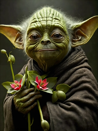 (yoda) in love, holding (orchids:1. 1), 8k, hyperrealistic, highly detailed, digital painting, 8k, cinematic lighting