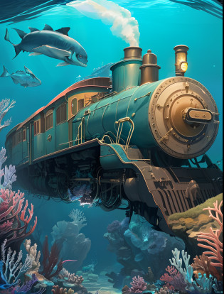 superfine illustration, Best Quality, Deep in the fantastic ocean, A powerful yet graceful locomotive. Exude nostalgia throughout the underwater world. Locomotive lights gently illuminate the rather dark seabed, The surrounding sea is?Deep blue mixed with ethereal green to shimmer, Illuminated by the soft light of the underwater lantern in the car. Further enhance your sense of history and wonder. The whole scene is?Capture a blend of deep-sea wonders and nostalgic charm from bygone eras.