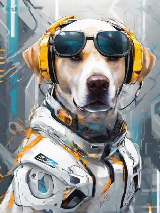 Centrado perfecto, Cute baby Labrador white, Use una chaqueta del equipo estudiantil,subido en harley davidson, usar gafas de sol, Usar auriculares, cheerfulness, standing up position, Belleza abstracta, centrado, Looking at the camera, in front of camera, nearing perfection, dynamic, Altamente detallado, Suave, foco n�tido, 8k, high-definition resolution, ??, arte de Carne Griffiths y Wadim Kashin, fondo universo, fondo planetas