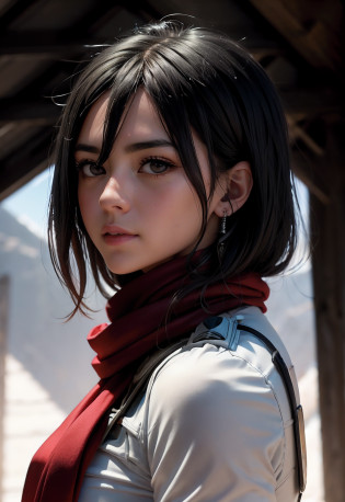 Fotografia RAW?Mikasa Ackeman?Red scarf on neck garrison clothing of guards, fundo de cidade destruida e chamas?(1girl em)?(realisitic)?(Fotorrealista:1.5)?batomornsardas?cabelos pretos, Fotografia RAW?8k UHD?filmgrain)?Sharp eyeliner?Blush Eyeshadow With Thick Eyelashes?extremamente delicado e bonito?8k?(soft lighting)?alta qualidade?alta resolu��o?foco n�tido?ighly detalhado?durante o dia?(luz solar no rosto)?belos olhos detalhados? olhos e rosto extremamente detalhados?obra prima?(lighting like a movie)?(Pele de alto detalhe:1.2)?8k UHD?Digital SLR?soft lighting?alta qualidade?filmgrain?obra prima, qualidade superior, alta qualidade, alta resolu��o