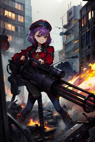 masterpiece,best quality,1girl,helena blavatsky,purple hair,short hair,hat,goggles,smirk,military uniform,holding weapon,(gatling gun),weapon pointing at viewer,wasteland,burning city,<lora:helena_blavatsky:0.9>,<lora:gatling_gun_lora01:0.9>,