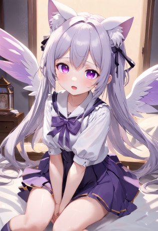 shining purple eyes?3D images?realisitic?[Too cute:1.5]?Cat ears?fairy wings?[Shy Expressions:1.5]?Open white shirt?a cute loli?largeeyes?Cute faces in anime??K image?Long grey hair?Lolita skirt?Rest in bed,Seductive(8k picture?top-quality??masterpiece:1.2)?(reallistic?Photorealsitic:1.2)? Phenomenally cute girl?3D images?sitting on?Fairy figure? white  panties,, ?masterpiece, top-quality, ultra-detailliert? knee high, white  shirt, lowfers,