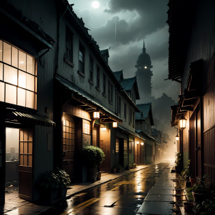 (Armageddon)?Dilapidated city?Japanese-style architecture?Plants climbing all over the walls ?Night?raining heavily?Black rain??Fog?dense fog??Dilapidated streets?Dimly lit alley??gloomy lighting??relic?(Dilapidated buildings)?(Uninhabited city)?Spooky atmosphere