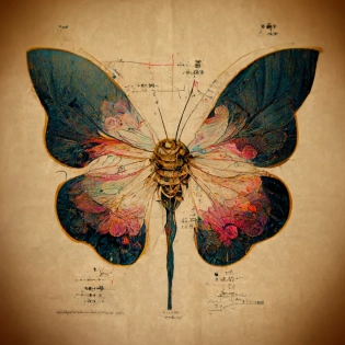 beautiful butterfly anatomy diagram, bold sh?ji, chart, schematics, infographic, scientific, measurements, abstract, surreal, collage, new media design, poster, colorful highlights, tarot card, glowing ruins, marginalia, 8k, extremely detailed, dark color palette + style of Katsuhiro Otomo + Masamune Shirow + pantone, on black canvas, typography annotations