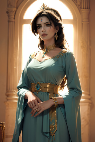 (absurderes, A high resolution, Ultra detailed), 1girll, Solo, mature, Arabia, Long dress, longer sleeves, elegant, Colorful, highest details, Upper body, masterpiec, Majestic, Calm face, The head is slightly tilted, Colorful eyes, Long hair?Arabic style?Rich in jewelry