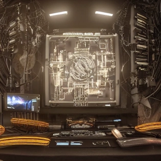 complex portrait of a cyberpunk round computer, over a table, leds, black plastic, symmetrical, fractal, ornate, h r giger, volumetric lighting, soft lighting, dark moody atmosphere, highly intricate details, finely detailed, small details, insane detail, photorealistic, hyperrealistic, 16k, 3D, rendered in octane
