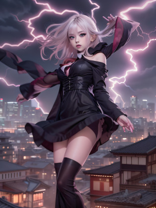 Black goth-rowley girl floating in the city with lightning,Gothloli albino girl floating in the city with one hand,Woman in black dress with red and black hair, Gothic Maiden girl, girl in black dress, 1 7 year old girl,Old Goth girl, an elegant gothic princess, artwork in the style of guweiz, in the art style of bowater, dreamy gothic girl, 8k high quality detailed art, gothic art style, wearing a gothic dress,closing,Wearing underwear,Red Eyes,Looking down,white  hair,Wind,Head tilt,White hair, Silver hair, Long hair, Blunt bangs, Straight hair, Big hair, expressive hair, (Red eyes that glow intensely:1.8), Downward eyes, (Red Eyes:1.5),small tits,Thin leg,Crazy, Disappointed,wide Shots,wide angles,sideshot,3 views,,(Close up portrait of a person in a black dress flies over the city:1.7),People fleeing the busy streets of the city lined with shops????, busy street, Street crowded with people, photograph of the city street, japanese downtown, Traditional Cities of Japan, Busy streets,busy cityscape, bustling city, Crowded with people, Bustling streets in the moon, crowdedstreets, shutterstock, Bustling small town streets,bad weather?A huge amount of purple lightning came out of the girl's hand and hit the city,Dark clouds cover the city pierced by clouds of lightning, Lightning clouds, Atmospheric lightning, Pink lightning, With thunderstorms, Dark storm with lightning, Dramatic purple lightning, Lightning in the sky, Contrast Lightning, thunderstorm in the sky, Lightning in the background, With lightning, Stormy weather with lightning, Upper volumetriclightning,Effect of wearing purple aura,(Control a large number of lightning with open arms:1.4),Destroy the city with a girl's lightning attack,Called nose,Lightning effect on both hands,Countless balls glowing purple around the girl,goddess of lightning, Storm, Storm outside, She attracts a lot of purple lightning,