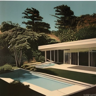 hyper realistic eye level exterior photo of a mid century modern style house overlooking the ocean, daylight, indirect lighting, AD magazine, Frank Lloyd, Eames, Mies van der Rohe