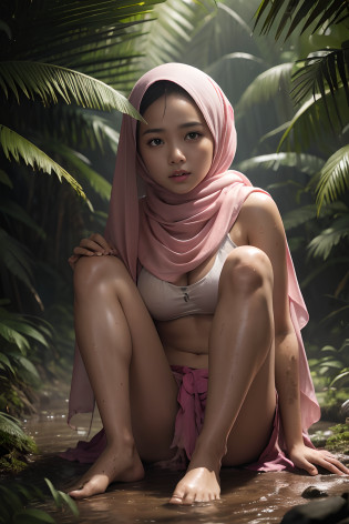 Typhoon, photorealistic full body portrait. amazingly cute malay woman with torn pink pastel shawl style hijab in her twenties crying against the background of fantastic jungle and muddy ground, clear white skin, wet and muddy, scratches everywhere, face dirty with torn ripped dirty hijab, bare feet without underwear, torn and tattered tank top, torn pleated skirt, white skin, chest, thighs, smooth skin, frightened desperate, desperate expression, isometric details, amazingly realistic pictures, 8K High Quality Medium Dark Lighting, High Detail, Detail Eye, Detail Face, remove all clothes