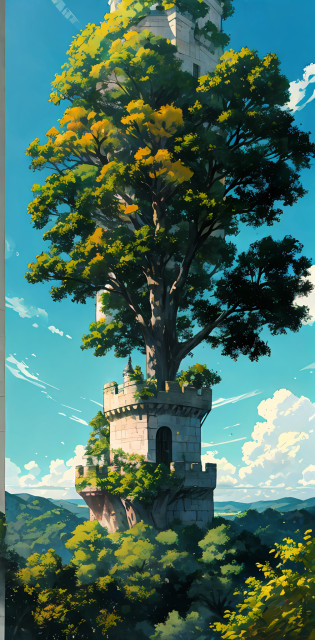Castelo visto de longe, trees near the view, castelo gigante, castelo longe, raios solares, floresta, Natureza, divino, blue skies, bright blue sky, dia bonito, natural, castelo branco, extremamente detalhado, artistic work