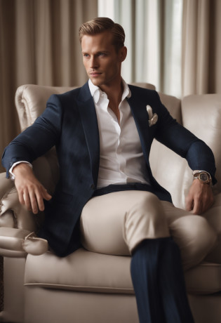 A young man?Handsome?well-muscled?Hairy body?white sock?Ultra-thin tights?Detailed eyes?1.3??Naked topless?Nudity Everywhere?Blue eyes?massive bulge?Black hairs protruding from the bulge, full body Esbian?Character sitting on a chair with arms raised, blond hair (short classy hair,), Nice Pose, Handsome man, Pretty Face, royal elegant pose, businessman, (In a striped blazer), (The surrounding environment is a luxurious and classic living room) (Sandtone imagery) Alexander Skarsg�rd face lookalike, Filip Lamprecht face lookalike, ultra realistic, royalty prince looking, old money aesthetic, Swedish looking, Joel Kinnaman lookalike, classy suit, Rolex, classic car in the background, royalty looking, wearing Ralph Lauren suit, Filip Lamprecht face lookalike