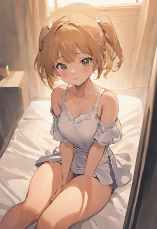 cute anime girl, pixie cut, perfect body, younger, hazel eyes, black hair, huge breasts, skinny, narrow waist,, sitting, crossed legs, white panties, collared shirt, pleated skirt, midriff, soft smile, facing viewer, (tan skin:1.3), crotch shot, messy hair, smiling, looking at viewer, sitting on bed, long sleeves, seamless clothes, asymmetrical bangs,