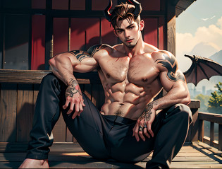 8k, 8k high quality, stand alone, Man sitting on porch, muscular, shirt, topless, big boobs, woman's breasts, brown hair, red eyes, winged, black way, overcast background, horned, devilish, perfect, highly detailed , detailed hand , Serious facial expression, swollen pants, arm tattoo, blood tattoo, 1 hand behind, licking lips, 1 hand touching chest, full body photo, tall , young, sexy, scary, gloomy ,Big wings, devil way,uncensored, 8k uhd, (hyper realistic), (photo realistic), (masterpiece), (best quality), (1boy), (solo), (erotic:1.2), (finely detailed face),(highres:1.4), (intricate details:1.4), RAW, best quality, ultra res, photorealistic, high resolution skin texture , (ulzzang-6500-v1:0.4), (PureErosFace_V1:0.1)(RAW photo, best quality), (realistic, photo-realistic:1.3), stand alone, Man sitting on porch, muscular, shirt, topless, big boobs, woman's breasts, brown hair, red eyes, winged, black way, overcast background, horned, devilish, perfect, highly detailed , detailed hand , Serious facial expression, swollen pants, arm tattoo, blood tattoo, 1 hand behind, licking lips, 1 hand touching chest, full body photo, tall , young, sexy, scary, gloomy ,Dark cave background, bats, blood, snakes,
