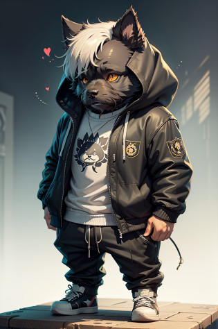 C4tt4stic, Cartoon Scottish Terrier in a jacket and skateboard?Body hair is black?droopy ears?Ears are lowered?Details of the appearance of the Scottish Terrier?