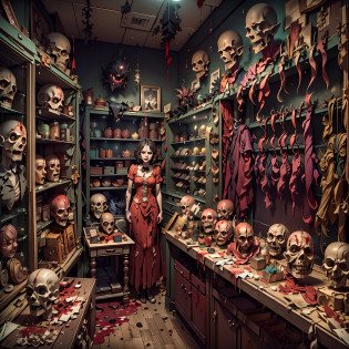 Paper Cuttings style? (((Bloody parts big store interior)))The shelves are full of horror, blood vessel, sci-fy ,(crowed:1.2),[Creepy mannequins], [Horrible amputation], [Bloody tools], [Rotting organs], [Terrible surgical instruments], [Disturbing dissection table], [Eerily dim lighting], [Sinister atmosphere][Creepy sculpture], [Disturbing mural], [Horror movie props], [Creepy doll head], [Haunting reflection], [Creepy shadows], [Morbid curiosity], [Creepy glass jars], [Ominous background music], [Creepy costumes], [Distorted mirror], [Menacing mannequin eyes], [Spooky abandoned aisles], [Bloody floor], [Haunted whispers], [Psychotic salesman], [Creepy window display], [Scary realistic mannequin limbs], [The screams echoed in the distance], [sinister expressions], [Strange mannequin face], [Grinding chains], [eerie fog], [The Mad Scientist Lab resonates], [Bloodstained price tag], [creepy atmosphera]