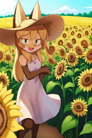 illustration, cartoon, 1girl, <lora:Averiv0.1:0.8>, averi, fox girl, sundress, sunhat, sunflower field