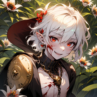 young man, (((male))), (((man))), (((one person))), single, solo, (((white colored hair))), (((red colored eyes))), ((blood red colored eyes)), (medium short hair), (((grey colored skin))), wavy hair, slim figure, ((flat chest)), ((wearing fantasy clothes)), fantasy style, (((wearing flowers in his hair))), ((flowers in hair)), ((pointy ears)), ((spiderlily flowers)), (sunny weather), smiling, dark red colored flowers, thorns, spikes, warm light, gold colored details, undead, (happy), (cute face), black colored blood, black ink, chain with a pocketwatch