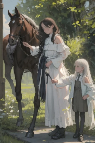 (masterpiece, best quality, realistic), 1 horse, 1 girl, exposed shoulders, full body, adult, standing next to horse,