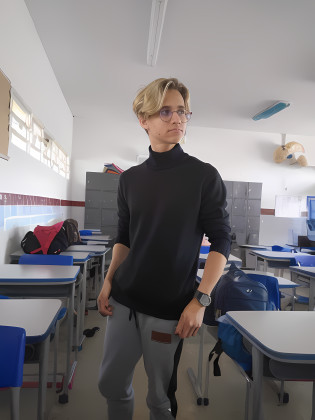 there is a man standing in a classroom with a backpack, standing in class, in a classroom, wearing a black sweater, in a school classroom, full body!, wearing a dark sweater, wearing turtleneck, stood in a lab, wearing black clothes, casual pose, wearing school uniform, wearing a black shirt, wearing a baggy, he is wearing a black