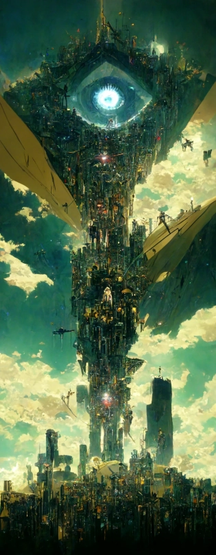 anime style, futuristic, dystopian, population gathering below gigantic rectangular deep-onyx colored monolith megastructure with golden all-seeing eye of providence centered looking down from sky, bright spotlight coming from eye, miyazaki, Craig Mullins, nausicaa, Shinkai Makoto, Nihei Tsutomu, hyper maximalist, dystopian, hyper detail, 8k, octane render, epic composition, beautiful, landscape, dramatic lighting golden ratio, cinematic --ar 1:24