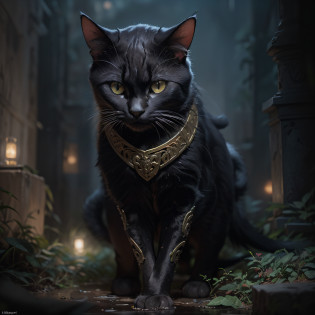 (Numerous award-winning masterpieces, with incredible detail, textures and maximum detail), (hyper realistic:1.4), (Full-length portrait:1.8), (cat standing up on two legs: 1.8), (Black cat:0.3), (calico cat: 1.5), (veteran cat warrior), (realistic:1.3), (highest quality realistic texture fur), (upper body up:0.4), (Finely drawn perfect circle cat's eyes), (Eyes that glow in the dark:1.5), (Fine and beautiful cat face: 1.6), ((medieval world)), (veteran cat knight:1.5), (cat standing up on two legs: 1.8), in the dungeon, (dark black full-body armor with delicate ornamentation:1.6), (The armor is scarred but delicately decorated:1.5), (menacing cat), Not wearing a helmet, (Full-length real cat portrait:1.8), ((looks up)), ((looking down)), (Gripping the hilt of an elaborately decorated black long sword that glows with a monstrous light:1.7), (dramatic pose), black web robe, spiders on armor, (strong cat warrior fighting enemies:1.1), (Agile cat Warrior fighting enemies:1.1), fantasy, ((dramatic photo)), ((dynamic photo)), (real cat full body view), highly detailed, ultra-realistic, intricate details, painting (artwork), ((masterpiece,best quality)), ((cinematic light)), hyper realistic, fearsome, dark fantasy , detailed armor, detailed helmet, epic realistic, faded, ((neutral colors)), art, (hdr:1.5), (muted colors:1.2), hyper detailed, (art station:1.5), cinematic, warm lights, light effect, dramatic light, (intricate details:1.1), complex background, (Greg rutkowski:0.8), (teal and orange:0.4), Old ruins infested with plants, Ruins of an old castle, Ruins of an ancient castle, Abandoned mine, Deserted ruins, crumbling ruins, Ruins with clear puddles, twilight, sunset, dusk,  Battlefield, bio luminescence,