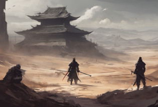 Post-apocalyptic wars, Shades of white, Nero, A desert, survivor, , shadowing, Gloomy atmosphere, darkly, ((natta)), The breadth of the landscape, book cover?Wasteland?samurais?Wasteland?Samurai of Japan?japanese armor?Wasteland clothing?