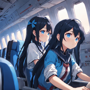 Black-haired and blue-eyed girl?in an airplane