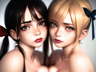 masterpiece, best quality, ultra realistic detail, beautiful detailed background, (photorealistic:1.4), (2girls:1.4), (cheek-to-cheek:1.2), (heads together:1.2), (upper body:1.3), (supreme quality beautiful face:1.3), (supreme quality beautiful bright eyes:1.3), (supreme quality hyper realistic texture human skin:1.3), shaggy eyebrows, (emotion expression face:1.1), with tears, tear stains, lipstick scratches, slim arms, cleavage, medium breasts, bangs, full lips, twintails, hair ornament, freckles, bow, (hyper extreme supreme quality beautiful women:1.1) (complete eyes, complete face:1.1), (realistic lighting, cinematic lighting:1.1), looking at viewer, depth of field, blurry background, closed mouth, hair ribbon, parted lips,