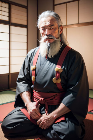Raw photo,masutepiece, hightquality, Male, 60 years old, samurais?japanes?Kind face?The background is a Japanese-style room, Upper body portrait, Looking at the camera?Realistic?Kendo Suit?4K?hightquality, Realistic images?Sitting upright?Tying a beard