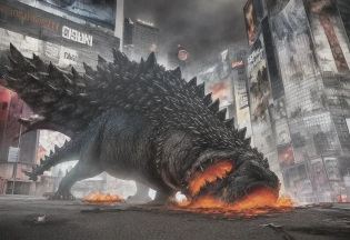 godzilla laying on of fire, a destroyed car on mouth, manhathan street perspective, times square apocalyptic fire, jeans and t shirt on the pavement, extremely detailed, intricate details, strong contrast, digital painting, 8k, featured on artstation, photorealistic, epic, dramatic lighting �testp �ar 2:3 --upbeta