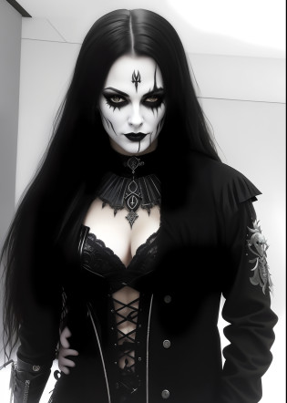 Homem e mulher vestidos de preto posando para uma foto, com pintura facial de metal preto, Black Metal, estilo Black Metal, pintura facial de metal preto, Black Metal Aesthetics, black metal rococo, corpse paint, Marduk, metal escuro, ouro e metal preto, com seus longos cabelos pretos, lo gothic!!, banda de Black Metal cyberpunk, com preto