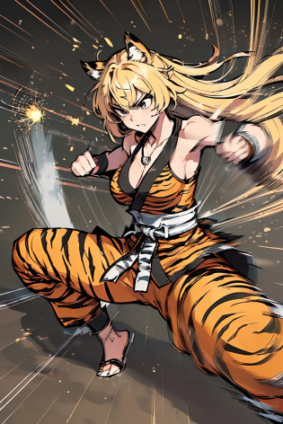 20yo 1girl, solo, (angry:1.2), small chest, (muscular:1.2), (blonde long hair, tiger print bang:1.2), (tiger ears, locket necklace, triangle locket:1.2), (tiger print long pant, tiger print elbow gloves, black knee boot:1.2) full body, (fighting stance, fighting action, kung fu, kung fu action, dynamic angle, battle:1.5),(light particles, motion lines, speed lines, motion blur:1.5), (motion lines, speed lines, motion blur, fighting action, high kick:1.5)