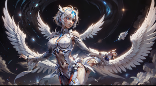 Kizi?There is a pair of huge fluorescent wings on the back?White phoenix cheongsam?navel?cropped shoulders?Enchanting posture?Holding the vast universe in your hand?Endless starry sky background?It's gorgeous?astounding