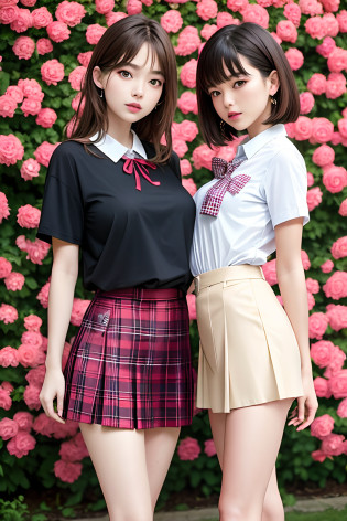 NSFW, 8K Raw photograph, Best quality, Masterpiece, ?????, filmgrain, filmg, (((Two girls,duo))), view the viewer, Natural skin texture, Realistic eye and face details, full pouty lips, lipstick, (Makeup), Red eyeshadow, Fluffy short hair, Messy hair, Smile, closing the mouth, Beautiful legs, Tall female, Skinny, Slim_Legs, duo, Pose with your hips facing you, Superskirt, hindquarters, shirt, Beautiful natural location, Location around the flowers, (Detailed background), Plaid skirts, shirt, Huge breasts peeking out a little through the shirt, Loafer shoes, The background is blurred out, Blurry, Holding, tartan, Short sleeves, JK ribbon on neck, JK ribbon, Brown hair, Bracelet, water, bangs, school uniform, jewelry, parted lip, Lips, From the side Side, Pleated skirt, Depth of field