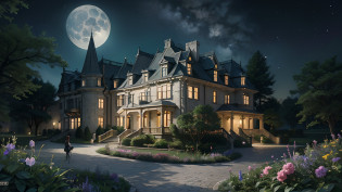 (Photo-realism), (Best quality, masterpiece, full of details), mansion with two towers, many trees, Colorful garden, flower pots, old mansion, white stone path, green grass, dark night, stars, moonlight, brown brick mansion, ultra HD