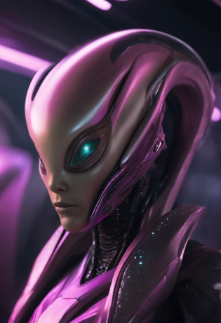 An alien with an elongated light head inside a starship wearing a futuristic realistic alien costume, a hyper-detailed alien, pink and purple and alien, alien looking, space alien Ete-Grey , Portrait of a large alien pupil Almond Exotic alien Pink Portrait of a humanoid alien, An alien, alien portrait, Hybrid alien Long-headed affectionate alien, futuristic alien features. ( Detalhes borrados do navio futurista)