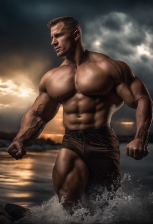 bodybuilder, surreal, tense, cold, highly detailed, sharp, professional, 8k UHD, movie, dark, violent, outdoor, river, battle, chase, dramatic, vivid, tense atmosphere, rendering, epic, twilight, HDR, album cover, blizzard, lightning, disaster