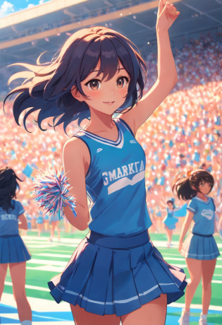 1 girl, university student, cheerleading, sports day, wearing cheerleading dress, school field, happy
