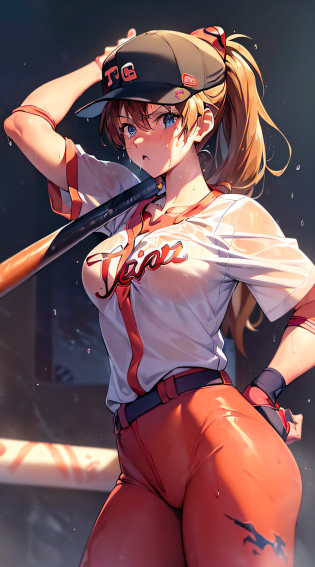 Masterpiece++, Best quality++, Ultra-definition++, Ultra-definition++, 4k++, 8k++, (background focus)++, very detailed, ((ballpark))++, (1 person), ((( Evangelion Soryu Asuka Langley)) +++, ((player with a baseball bat)), ((((batting form))))++++, (((baseball uniform))) +++ , ((baseball bat))++, (baseball bat)+, ((mature woman with baseball bat))++, (baseball cap), (baseball glove), leaning, blush, (wristband ), (brown hair), (super shiny hair and skin), (sunlight), ((beautiful)), sweaty body, cleavage, dynamic, sweating, serious expression, perfect eyes, Perfect hands, perfect nose, Evangelion Asuka Langley Soryu, bright atmosphere, (wet effect)+, (light effect), (cinematic light)+, (light cinematic)+