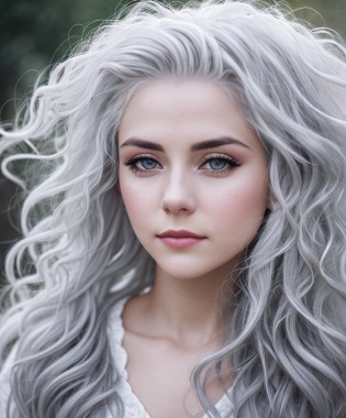 a woman with white hair and in a white dress posing for a photo, a girl with silver hair, white beautiful hair, a gray-haired lady, a girl with gray hair, with gray hair, white hair color, perfect gray hair girl, a girl with silver hair, white hair, white dress!! gray hair, gray hair, gray hair, deep white hair, silver white hair, curly white hair, atmospheric perspective, bokeh, 85mm, cinematic lighting, motion blur, depth of field, cinematic lighting, motion blur, sparkle, Gothic art , Realism, depth of field, cinematic lighting, 8k, anatomically correct, textured skin, super detail, masterpiece, anatomically correct, textured skin, award winning, 8k